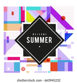 Trendy vector summer cards illustration with elements and abstract colorful textures. Design for holiday vacation poster, card, brochure, and promotion template. Fashion art print and background.