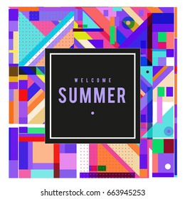 Trendy vector summer cards illustration with elements and abstract colorful textures. Design for holiday vacation poster, card, brochure, and promotion template. Fashion art print and background.