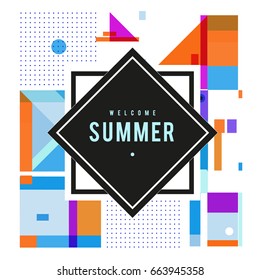 Trendy vector summer cards illustration with elements and abstract colorful textures. Design for holiday vacation poster, card, brochure, and promotion template. Fashion art print and background.