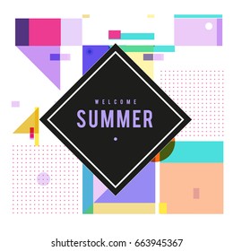 Trendy vector summer cards illustration with elements and abstract colorful textures. Design for holiday vacation poster, card, brochure, and promotion template. Fashion art print and background.