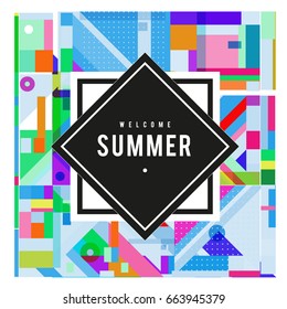 Trendy vector summer cards illustration with elements and abstract colorful textures. Design for holiday vacation poster, card, brochure, and promotion template. Fashion art print and background.