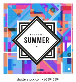 Trendy vector summer cards illustration with elements and abstract colorful textures. Design for holiday vacation poster, card, brochure, and promotion template. Fashion art print and background.