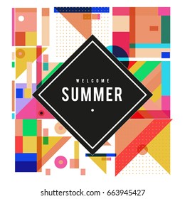 Trendy vector summer cards illustration with elements and abstract colorful textures. Design for holiday vacation poster, card, brochure, and promotion template. Fashion art print and background.