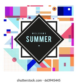 Trendy vector summer cards illustration with elements and abstract colorful textures. Design for holiday vacation poster, card, brochure, and promotion template. Fashion art print and background.