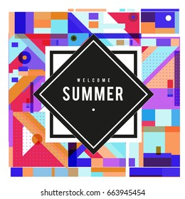 Trendy vector summer cards illustration with elements and abstract colorful textures. Design for holiday vacation poster, card, brochure, and promotion template. Fashion art print and background.