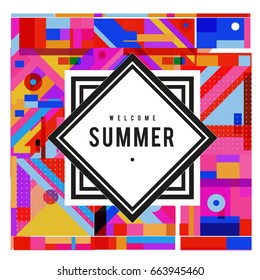 Trendy vector summer cards illustration with elements and abstract colorful textures. Design for holiday vacation poster, card, brochure, and promotion template. Fashion art print and background.