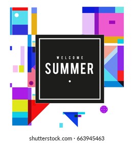 Trendy vector summer cards illustration with elements and abstract colorful textures. Design for holiday vacation poster, card, brochure, and promotion template. Fashion art print and background.