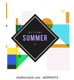Trendy vector summer cards illustration with elements and abstract colorful textures. Design for holiday vacation poster, card, brochure, and promotion template. Fashion art print and background.