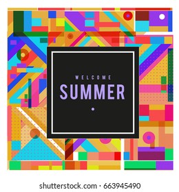 Trendy vector summer cards illustration with elements and abstract colorful textures. Design for holiday vacation poster, card, brochure, and promotion template. Fashion art print and background.