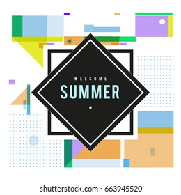Trendy vector summer cards illustration with elements and abstract colorful textures. Design for holiday vacation poster, card, brochure, and promotion template. Fashion art print and background.