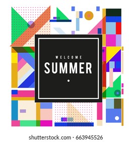 Trendy vector summer cards illustration with elements and abstract colorful textures. Design for holiday vacation poster, card, brochure, and promotion template. Fashion art print and background.