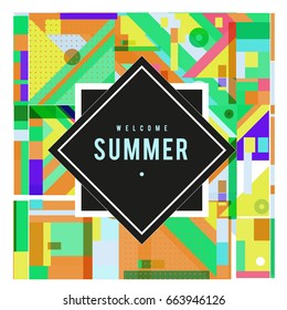 Trendy vector summer cards illustration with elements and abstract colorful textures. Design for holiday vacation poster, card, brochure, and promotion template. Fashion art print and background.