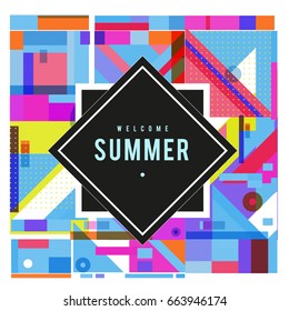 Trendy vector summer cards illustration with elements and abstract colorful textures. Design for holiday vacation poster, card, brochure, and promotion template. Fashion art print and background.