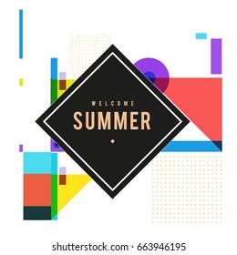 Trendy vector summer cards illustration with elements and abstract colorful textures. Design for holiday vacation poster, card, brochure, and promotion template. Fashion art print and background.