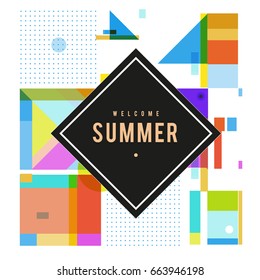 Trendy vector summer cards illustration with elements and abstract colorful textures. Design for holiday vacation poster, card, brochure, and promotion template. Fashion art print and background.