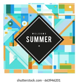 Trendy vector summer cards illustration with elements and abstract colorful textures. Design for holiday vacation poster, card, brochure, and promotion template. Fashion art print and background.