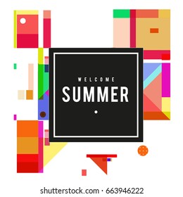 Trendy vector summer cards illustration with elements and abstract colorful textures. Design for holiday vacation poster, card, brochure, and promotion template. Fashion art print and background.