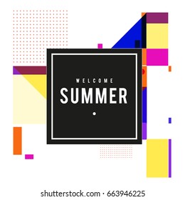 Trendy vector summer cards illustration with elements and abstract colorful textures. Design for holiday vacation poster, card, brochure, and promotion template. Fashion art print and background.