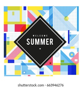 Trendy vector summer cards illustration with elements and abstract colorful textures. Design for holiday vacation poster, card, brochure, and promotion template. Fashion art print and background.