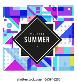 Trendy vector summer cards illustration with elements and abstract colorful textures. Design for holiday vacation poster, card, brochure, and promotion template. Fashion art print and background.