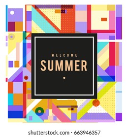 Trendy vector summer cards illustration with elements and abstract colorful textures. Design for holiday vacation poster, card, brochure, and promotion template. Fashion art print and background.