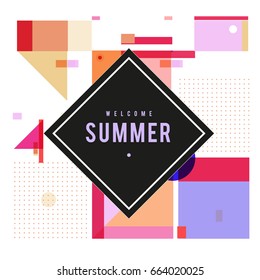 Trendy vector summer cards illustration with elements and abstract colorful textures. Design for holiday vacation poster, card, brochure, and promotion template. Fashion art print and background.