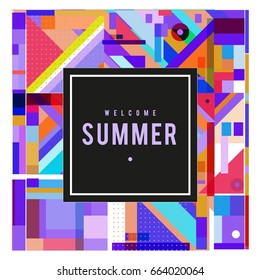 Trendy vector summer cards illustration with elements and abstract colorful textures. Design for holiday vacation poster, card, brochure, and promotion template. Fashion art print and background.