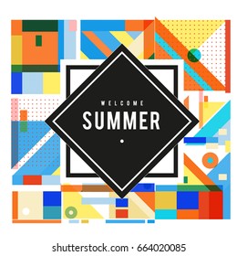 Trendy vector summer cards illustration with elements and abstract colorful textures. Design for holiday vacation poster, card, brochure, and promotion template. Fashion art print and background.