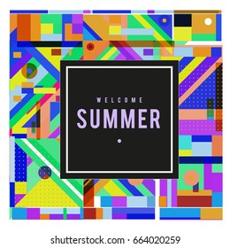 Trendy vector summer cards illustration with elements and abstract colorful textures. Design for holiday vacation poster, card, brochure, and promotion template. Fashion art print and background.