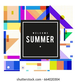 Trendy vector summer cards illustration with elements and abstract colorful textures. Design for holiday vacation poster, card, brochure, and promotion template. Fashion art print and background.