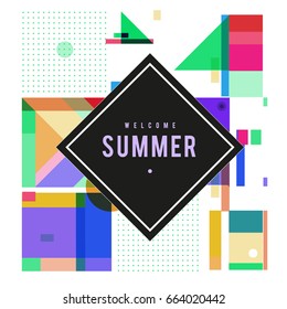 Trendy vector summer cards illustration with elements and abstract colorful textures. Design for holiday vacation poster, card, brochure, and promotion template. Fashion art print and background.