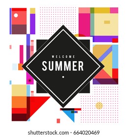 Trendy vector summer cards illustration with elements and abstract colorful textures. Design for holiday vacation poster, card, brochure, and promotion template. Fashion art print and background.