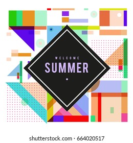 Trendy vector summer cards illustration with elements and abstract colorful textures. Design for holiday vacation poster, card, brochure, and promotion template. Fashion art print and background.