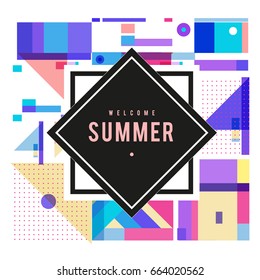 Trendy vector summer cards illustration with elements and abstract colorful textures. Design for holiday vacation poster, card, brochure, and promotion template. Fashion art print and background.