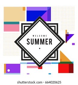 Trendy vector summer cards illustration with elements and abstract colorful textures. Design for holiday vacation poster, card, brochure, and promotion template. Fashion art print and background.