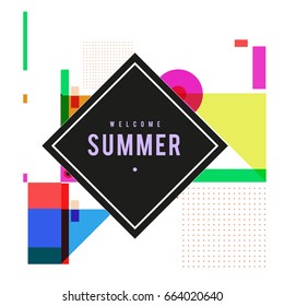 Trendy vector summer cards illustration with elements and abstract colorful textures. Design for holiday vacation poster, card, brochure, and promotion template. Fashion art print and background.