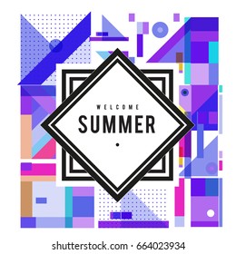Trendy vector summer cards illustration with elements and abstract colorful textures. Design for holiday vacation poster, card, brochure, and promotion template. Fashion art print and background.