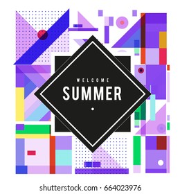Trendy vector summer cards illustration with elements and abstract colorful textures. Design for holiday vacation poster, card, brochure, and promotion template. Fashion art print and background.