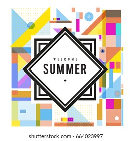 Trendy vector summer cards illustration with elements and abstract colorful textures. Design for holiday vacation poster, card, brochure, and promotion template. Fashion art print and background.