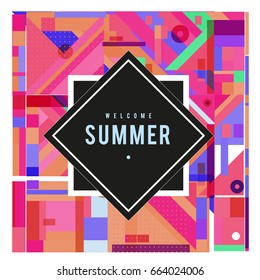 Trendy vector summer cards illustration with elements and abstract colorful textures. Design for holiday vacation poster, card, brochure, and promotion template. Fashion art print and background.