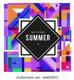 Trendy vector summer cards illustration with elements and abstract colorful textures. Design for holiday vacation poster, card, brochure, and promotion template. Fashion art print and background.