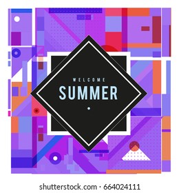 Trendy vector summer cards illustration with elements and abstract colorful textures. Design for holiday vacation poster, card, brochure, and promotion template. Fashion art print and background.