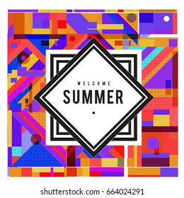 Trendy vector summer cards illustration with elements and abstract colorful textures. Design for holiday vacation poster, card, brochure, and promotion template. Fashion art print and background.
