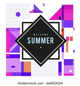 Trendy vector summer cards illustration with elements and abstract colorful textures. Design for holiday vacation poster, card, brochure, and promotion template. Fashion art print and background.