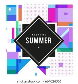 Trendy vector summer cards illustration with elements and abstract colorful textures. Design for holiday vacation poster, card, brochure, and promotion template. Fashion art print and background.