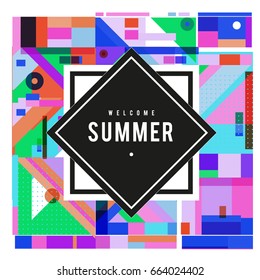 Trendy vector summer cards illustration with elements and abstract colorful textures. Design for holiday vacation poster, card, brochure, and promotion template. Fashion art print and background.
