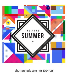 Trendy vector summer cards illustration with elements and abstract colorful textures. Design for holiday vacation poster, card, brochure, and promotion template. Fashion art print and background.
