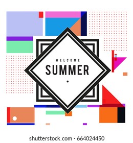 Trendy vector summer cards illustration with elements and abstract colorful textures. Design for holiday vacation poster, card, brochure, and promotion template. Fashion art print and background.