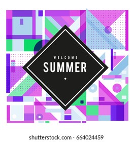 Trendy vector summer cards illustration with elements and abstract colorful textures. Design for holiday vacation poster, card, brochure, and promotion template. Fashion art print and background.