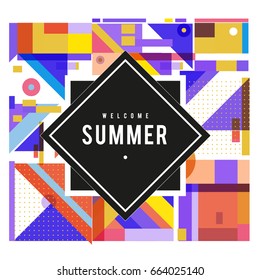 Trendy vector summer cards illustration with elements and abstract colorful textures. Design for holiday vacation poster, card, brochure, and promotion template. Fashion art print and background.